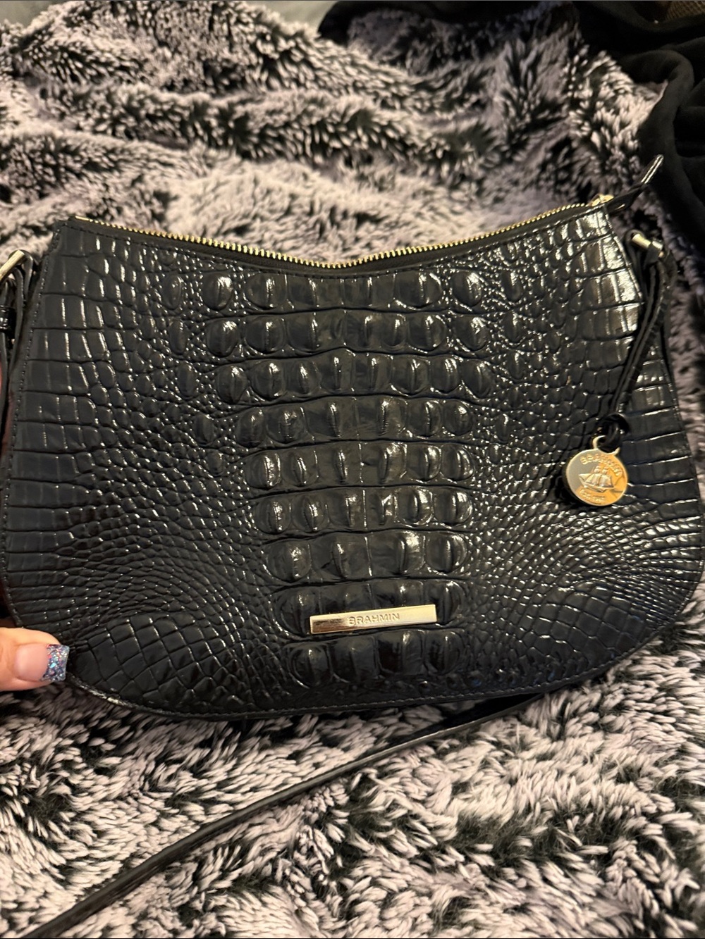 Brahmin Black Croc-Embossed Leather Shoulder Bag with Gold Accents